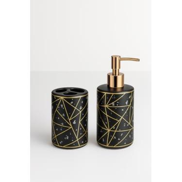 Imagem de Conjunto Cerâmica Marmorizada Para Banheiro e Lavabo – Kit 2 Peças Dispenser Sabonete Líquido e Porta Escovas (Preto)