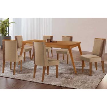 Imagem de Sala Jantar Mesa Havana Tampo Curvo 180cm+6 Cadeiras Tilia Madeira Naturale - Capuccino/Linho Bege - Rufato