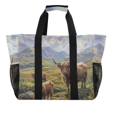 Imagem de ODAWA Bolsa esportiva de praia escocesa Highland Cows Mountains aberta, bolsa de praia portátil resistente à água, Scottish Highland Cows Mountains, One Size