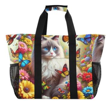 Imagem de ODAWA Linda bolsa de praia de lona lavável com borboletas e flores coloridas para férias e academia, sacola de praia feminina à prova d'água, Borboletas de flores coloridas de gato fofo, One Size