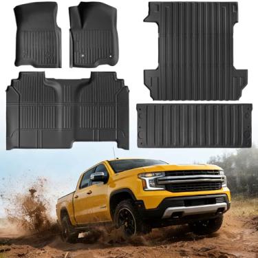 Imagem de Tapete de cama para todos os climas de 1,8 m para Chevy Silverado 1500 e GMC Sierra 1500 CrewCab 2019–2026 com forro de porta traseira e tapetes de carro, acessórios de caminhão de cobertura total