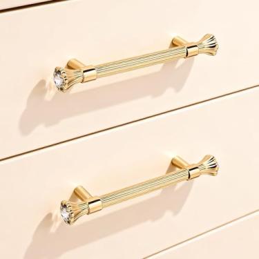 Imagem de BEIUTAO Pacote com 4 puxadores de armário de cozinha dourados, puxadores de gaveta de cômoda de cristal, puxadores de armário de banheiro modernos, ferragens de cozinha para armários, puxador de liga