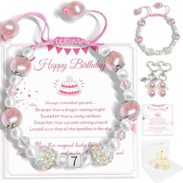 Imagem de ELGLIM Conjunto de presentes de aniversário para meninas com cartão de aniversário 3D, pulseira de pérola ajustável com chaveiro para 3, 4, 5, 6, 7 e 8 anos, presentes de aniversário para filha, neta