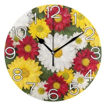 Imagem de Relógio de parede analógico com margaridas coloridas vibrantes, relógio de cozinha, rústico, operado por bateria, silencioso, decoração de parede de casa de fazenda moderna, 25 cm, ponteiros pretos