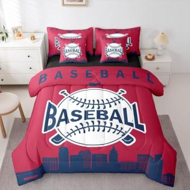 Imagem de Erosebridal Conjunto de edredom infantil casal de beisebol com estampa de beisebol, 7 peças, para meninos, adolescentes e adultos, conjunto de cama com silhueta de cidade americana, vermelho, azul