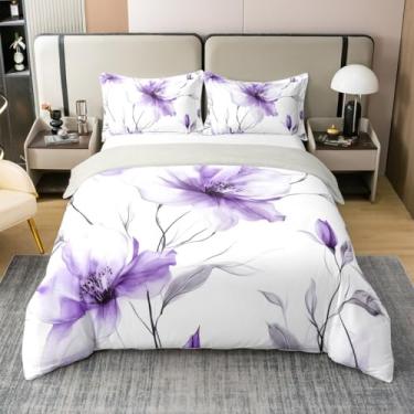 Imagem de Erosebridal Conjunto de cama casal de flores boêmias, capa de edredom floral roxa artística 100% algodão para mulheres, elegante aquarela floral, boêmio, estilo pintura a tinta, capa de edredom de