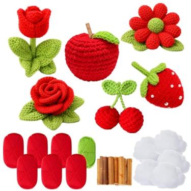 Imagem de Maasechs Kit de maçã de crochê de 9 peças para iniciantes, conjunto completo de artesanato DIY com fios de hastes de madeira, enchimento de algodão, suprimentos de crochê para adultos, presentes de