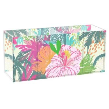 Imagem de TSENQUE Porta-lápis de mesa, bonito, colorido, flores, folhas, acrílico, pincel de maquiagem, copo de caneta, suporte personalizado, estética, decoração de mesa de escritório