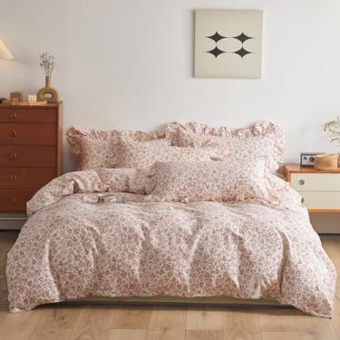 Imagem de VM VOUGEMARKET Jogo de cama king com flor vermelha, estética, estilo jardim, florescendo com babados, para meninas e mulheres, conjunto de edredom King - 264 x 239 cm