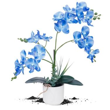 Imagem de ucky Flores de orquídea artificiais brancas atualizadas com vaso de cerâmica, orquídeas falsas, flores de toque real para decoração de casa, decoração de banheiro, mesa de centro de mesa (azul)