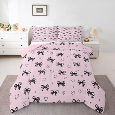 Imagem de jejeloiu Conjunto de cama com laço rosa macio para meninos e meninas, conjunto de edredom de microfibra para decoração de quarto de princesa, 3 peças com 2 fronhas