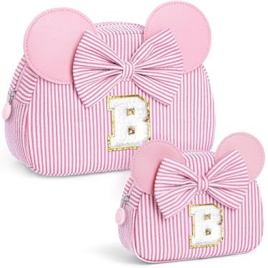 Imagem de QLOVEA Presentes de Natal para netos, bolsa de cosméticos inicial, bolsa de maquiagem de viagem, presentes de aniversário personalizados para crianças, rosa