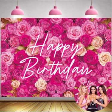 Imagem de Flor rosa, cenário de feliz aniversário, 1,8 x 1,8 m, decoração de aniversário de parede para mulheres, flores rosa rosa, fundo fotográfico, decoração de festa de aniversário, adereços de cabine de