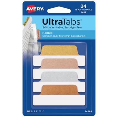 Imagem de Avery Margin Ultra Tabs, 6,35 x 2,54 cm, 2 lados escritíveis, sortidas metálicas, 24 abas reposicionáveis (74786) - ouro, prata, ouro rosa, cobre