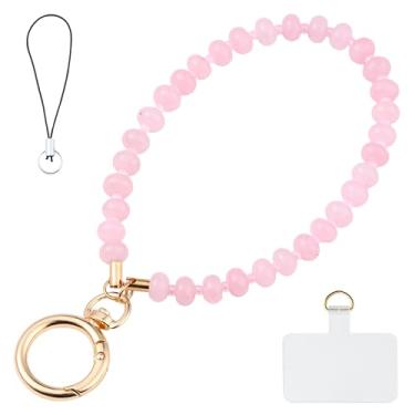 Imagem de Yeeyeow Cordão de pulso para telefone com pingente de pedra natural de quartzo rosa, amuleto de pedra preciosa feito à mão para mulheres, chaveiro mãos livres, alça de pulso