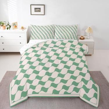 Imagem de Erosebridal Conjunto de cama solteiro xadrez verde bege para crianças, simples, moderno, triângulo, xadrez, para meninos e meninas, adolescentes, adultos, buffalo, grade, fazenda, edredom geométrico