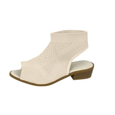 Imagem de Sandálias femininas de malha arejada boca de peixe bico aberto salto bloco baixo sem cadarço para uso casual primavera verão, Bege, 36