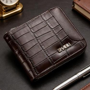 Imagem de Carteira masculina de couro curta com zíper, organizador clássico de café escuro com zíper (café escuro)
