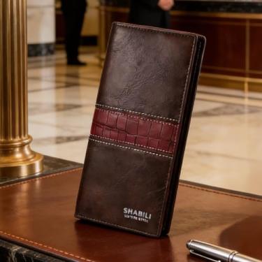 Imagem de Carteira masculina, carteira ultrafina de couro longo, estilo europeu, com abertura superior, design com compartimentos para moedas e bloqueio RFID (café escuro)