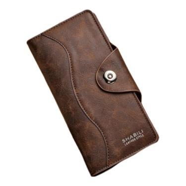 Imagem de Carteira masculina retrô magnética de couro com três dobras em estilo europeu, grande capacidade com bloqueio RFID e vários compartimentos (marrom escuro)