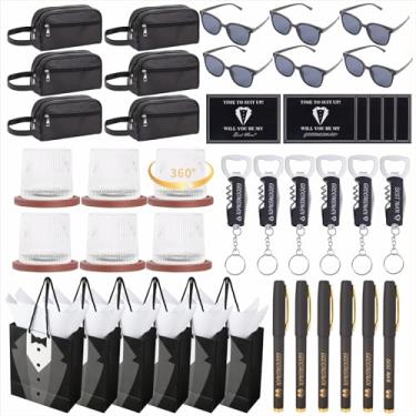 Imagem de Fiestivo 6 conjuntos de presentes de padrinhos, sacos de proposta com óculos de uísque giratórios, bolsa de higiene de couro PU, melhor homem, abridor de garrafas, óculos de sol, cartão de caneta para