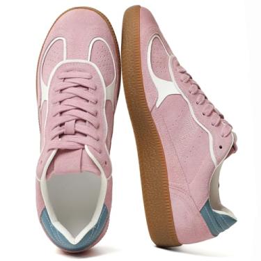 Imagem de RIBONGZ Tênis feminino casual moderno com cadarço e cano baixo clássico com sola de goma, couro, camurça, calçado elegante, rosa, 38