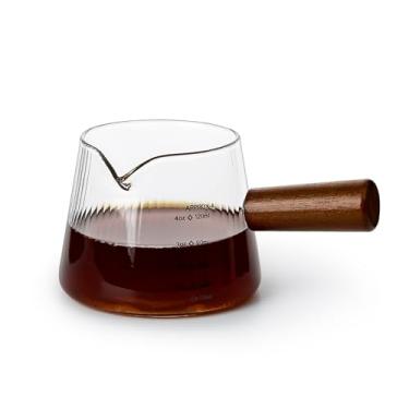 Imagem de Denovin Copos medidores, copo de café expresso de 118 ml com escala dupla, bico em forma de V, jarra de espuma de creme de leite com cabo de madeira (nervuras transparentes)
