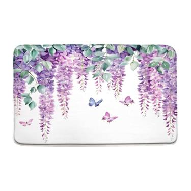 Imagem de Tapete de banho floral roxo folhas de eucalipto verde aquarela lavanda flor borboleta primavera lilás planta rústica decoração de banheiro tapete tapete de chão, 17,7 x 29,5 polegadas