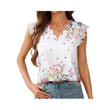 Imagem de Nova camisa estampada de renda sem mangas com decote em V de verão - N