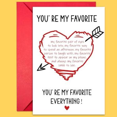 Imagem de Cartão de Dia dos Namorados You're My Favorite Everything com design de coração e flecha - Cartão romântico com envelope vermelho, 18 cm x 12 cm