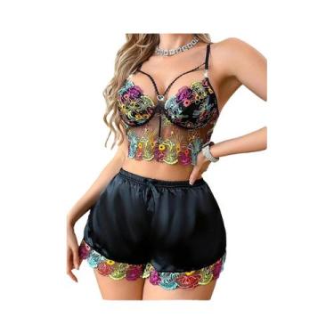 Imagem de Conjunto De Pijama Sexy Em Malha Translúcida Bordada Para Mulheres, Es