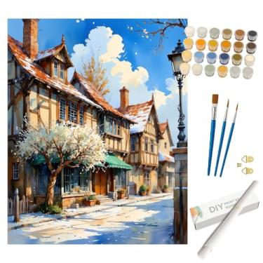 Imagem de Kit de pintura por números Winter Village para adultos - Pintura DIY de ruas e casas de madeira enrolada em tela 40,6 x 50,8 cm, conjunto de tinta acrílica, adequado para iniciantes, arte para