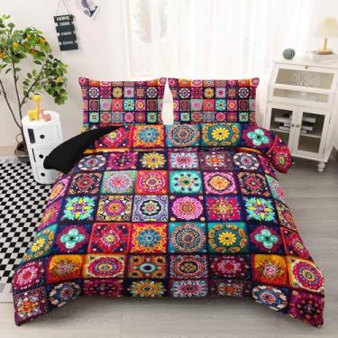 Imagem de AILONEN Conjunto de cama solteiro de microfibra macia, boêmio, mandala floral, geométrico, com 2 fronhas, conjunto de edredom de 3 peças de flores coloridas