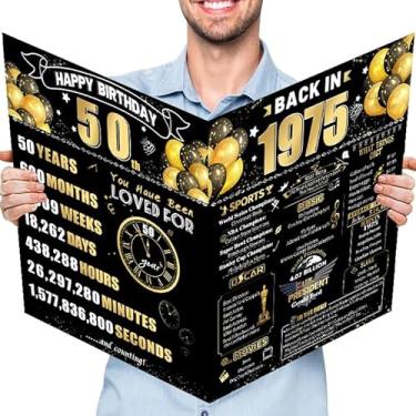Imagem de FOBELEC Cartão de aniversário jumbo de 50 anos com envelope, decorações de aniversário retrô em ouro preto para mulheres e homens, presentes de aniversário engraçados de 50 anos para mãe e pai, em