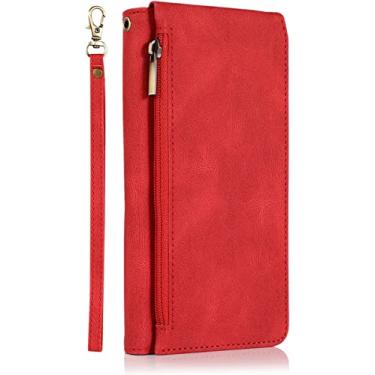 Imagem de KKFAUS Capa carteira com zíper para iPhone 14/14 Plus/14 Pro/14 Pro Max, capa de telefone de couro PU premium com alça de pulso slots de cartão suporte capa de notebook flip magnético (cor: vermelho, tamanho: 14Plus)