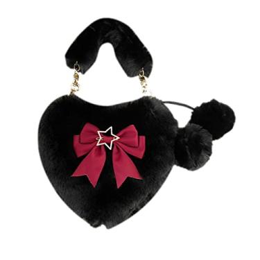 Imagem de Lolita Bolsa tiracolo de coração peludo feminina Kawaii fofa bolsa de ombro de pele sintética bolsa de mão com alça de corrente, Laço preto e vermelho