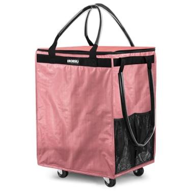 Imagem de (Médio, rosa) Bolsa de compras reutilizável com rodas, sacola dobrável de 70 L, carrega até 30 kg, carrinhos de compras com zíper para viagens, lavanderia, 4 rodas resistentes e 3 alças