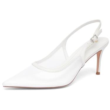 Imagem de NEWBELLA Sapatos femininos de salto alto gatinho com salto traseiro e bico fechado confortável, Branco, 35