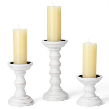 Imagem de Suporte de vela de pilar de madeira: 3 peças de castiçais decorativos de fazenda, castiçais de madeira para lareira manto prateleira mesa decoração de casa 9,9 cm/15,2 cm/20,3 cm