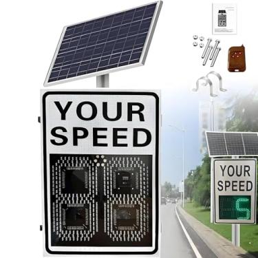 Imagem de Sinal de limite de velocidade de radar alimentado por energia solar - Display de velocidade LED, limite de velocidade máxima ajustável, 61 cm x 89 cm, placa de aviso de estrada de alumínio para