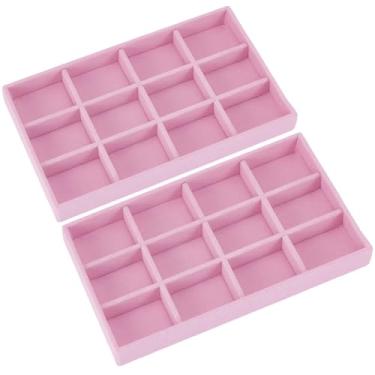 Imagem de SOFPLATE 2 bandejas organizadoras de gaveta de joias de veludo, empilháveis, organizador de joias de veludo, rosa, 12 cestas, elegantes inserções de gaveta para anel, brinco, colar, pulseira, exibição