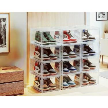Imagem de JECCICHY Pacote com 12 caixas de armazenamento de sapatos transparentes empilháveis, caixas de sapatos de plástico com tampas, armazenamento de tênis, transparente, rígida, porta frontal suspensa
