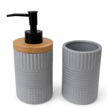 Imagem de Porta Sabonete Líquido Dispenser Porta Escovas Banheiro Lavabo de Cerâmica (Cinza Bambu Abstrato)