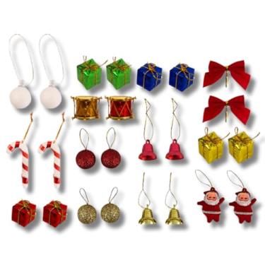 Imagem de Kit Completo de Enfeites Natalinos para Árvores, 20 Peças, Papai Noel, Laços, Bolas, Presentes, Tambores, Sinos, Bengalas, Vermelho, Dourado, Verde, Azul Decoração Charmosa