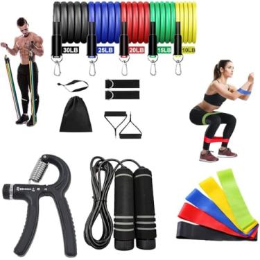 Imagem de Kit 16 Peças Elásticos Extensores para Treinamento Funcional, 5 Tubos de Resistência com Alças e 5 Mini Bands, Látex Natural, Multicolorido, 5 Níveis de Resistência