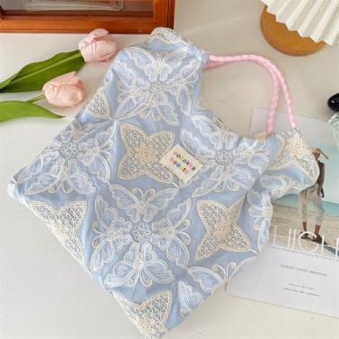 Imagem de Sacola de borboleta bordada, bolsa de ombro espaçosa com alça superior, bolsa feminina de grande capacidade, Azul, Bolsas de mão