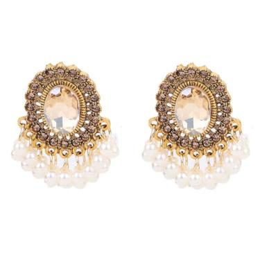 Imagem de fxmimior Brincos indianos boêmios Jhumka com cristal branco pérola lustre borla brincos ovais pendentes para mulheres Bollywood étnico festival bijuteria fantasia, Medium, Metal, Liga metálica.