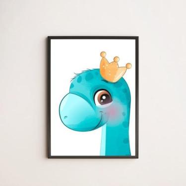 Imagem de Quadro Dinossaurinho Fofo Azul 45X34 Com Vidro Moldura Preta