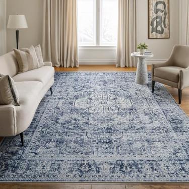 Imagem de Bloom Rugs Tapete lavável antiderrapante 1,8 m x 2,5 m - Marfim/Denim Blue Tapete medalhão tradicional para sala de estar, quarto, sala de jantar e cozinha - Tamanho exato: 1,8 x 2,5 m