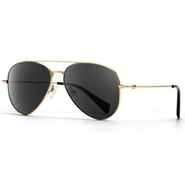 Imagem de SUNGAIT Óculos de sol com lente de vidro real, perna de titânio, armação de aço inoxidável não magnético, estilo aviador, proteção UV, Armação dourada/lente cinza (capa marrom)